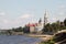 Rybinsk. View of the building of the grain exchange, the Holy Transfiguration Cathedral and the bridge over the Volga river. View