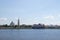 Rybinsk. View of the building of the grain exchange, the Holy Transfiguration Cathedral and the bridge over the Volga river. View