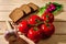 Rye bread, radish, tomatoes, onions, greens, garlic herb and spices on wooden background