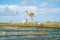 Rye Harbour, East Sussex, England. Old weathered boat sitting in the mud at low tide with seagull caring adult and juvenile