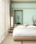 Ryokan light blue bed room very japanese style with tatami mat floor and decoration.3D rendering