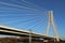 Rzeszow, Poland - 9 9 2018: Suspended road bridge across the Wislok River. Metal construction technological structure. Modern arch