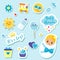 It`s a boy stickers set in blue colors. Kids, children design elements for scrapbook. Decorative vector icons with newborn symbol