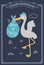 It`s A Boy Stork Special Delivery. Baby Shower Announcement Card. Vector Illustration.