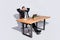 It`s finally friday Full size photo of handsome business guy notebook table have break hands behind head dreamer wear