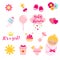 It`s a girl set in pink colors. Rattle, herat, text and other vector icons for baby shower and other nursery and newborn design