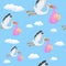 It\'s a Girl Stork Flying Seamless Pattern