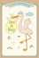 It`s A Girl Stork Special Delivery. Baby Shower Announcement Card. Vector Illustration.