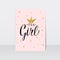 It s a girl typography poster. Modern calligraphy lettering with gold textured crown and confetti. Baby shower celebration quote.
