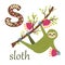 S letter for Sloth Cute zoo alphabet in vector