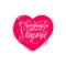 S Prazdnikom 8 Marta, translated Happy Woman`s day handwritten lettering card. Vector 8 March calligraphy in heart shape