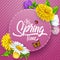 It`s spring time banner with round frame, insects and flower on striped purple background