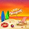 It`s summer time banner with chair striped, umbrella, surfboard and lifebuoy on a sunset summer background
