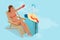 It`s Summer time banner. Summer Luxury vacation. Isometric beautiful girl in a swimsuit sits in a beach chair and takes