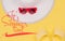 It`s Summer Time text on yellow background,  summer sandals, white hat and sunglasses