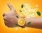 It`s Summer Time Typography. Thumb up Hand Wearing Fruit Orange