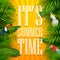 It`s summer time typography wooden background with tropical plants, flowers, palm leaves, parrot and cockatoo