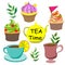 It\\\'s time to drink tea. Delicious colorful cupcakes with buttercream, cup of tea, coffee with yellow kettle.