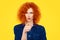 It`s you! Portrait angry annoyed redhead curly hair woman getting mad pointing finger at you camera showing hand gesture this is
