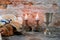 Sabbath Jewish Holiday challah bread and candelas on wooden table