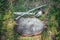 A saber, sword, a steel glove and a shield of a Mongolian soldier lie on the ground in a tall green grass.