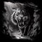 Saber-toothed tiger emerges from a cave baring its fangs, black and white drawing