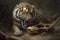 A sabertoothed tiger graciously accepted a gift of succulent prey its fiercely sharp canines through its meal.. AI