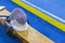 The sabre and helmet of a participant at the National Fencing Championship