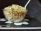 Sabudana khichadi dish. Sabudana khichadi in a bowl. Indian receipe Sabudana khichadi. Sago receipe close up view.