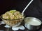 Sabudana khichadi dish. Sabudana khichadi in a bowl. Indian receipe Sabudana khichadi. Sago receipe close up view.