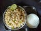 Sabudana khichadi dish. Sabudana khichadi in a bowl. Indian receipe Sabudana khichadi. Sago receipe close up view.