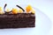 Sacher Torte cake with apricot pieces and orange microwave sponge decoration on white plate