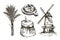 Sack of flour, windmill and fresh bakery products. homemade baking. bakery products. vector sketches on white