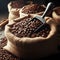 sack of fresh coffee beans with a metal scoop