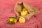 Sack with freshly picked quince still life