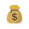 Sack with money. Bag with gold coins of dollars. Icon of moneybag. Symbol of cash for pay. Million of euro - jackpot. Bank is