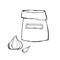 Sack for products with garlic isolated. Household and agricultural storage. Line sketch. Black and White hand drawn