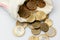 A sack of ruble coins on white background