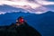 The Sacra di San Michele in the evening illuminated by the Piedmont flag for the 50 years of the Region