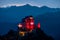 The Sacra di San Michele illuminated by the Piedmont flag for the 50 years of the Region, Italy