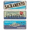 Sacramento Vintage tin sign collection with USA city name. Retro souvenir sign or postcard templates on old metal