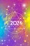 Sacred Geometry Astrological New Year 2024 Greeting Card or Calendar Cover on Cosmic Background
