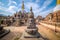 Sacred Gompa. Sculptures of Gods and Goddesses carved on the stone of Ancient Buddhist Temple and ancient ruins. Intricate Details