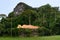 Sacred reclining Buddha statue in jungle forest. Krabi province, Thailand.