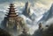 Sacred Serenity: Ancient Temple in a Mountain Range, Enveloped by Mystical Smoke and Clouds