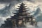 Sacred Serenity: Ancient Temple in a Mountain Range, Enveloped by Mystical Smoke and Clouds