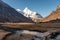 Sacred snow mountain Yangmaiyong reflection on river in autumn valley on plateau