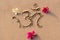 The sacred syllable om with frangipani flowers on the sand