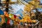 Sacred Xiannairi mountain with colorful prayer flags blowing in autumn forest