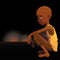 Sad African refugee child boy in a poor dress on war lightning background